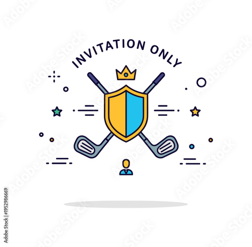Invitation only golf club emblem circular badge featuring crossed golf clubs, a shield and a small crown accent, representing tradition, prestige and
