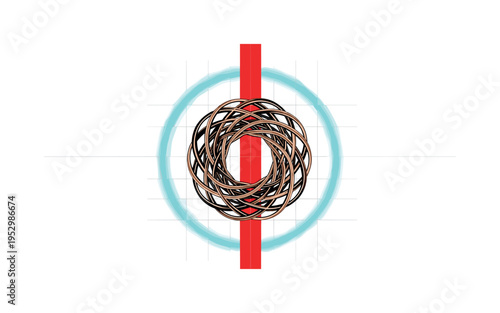 Black and white copper coil abstracted into circular geometric pattern, turquoise circular halo framing the coil, red vertical bar dividing composition to