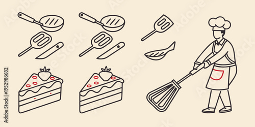 Chef and baking utensils including whisk, frying pan, and cake slices