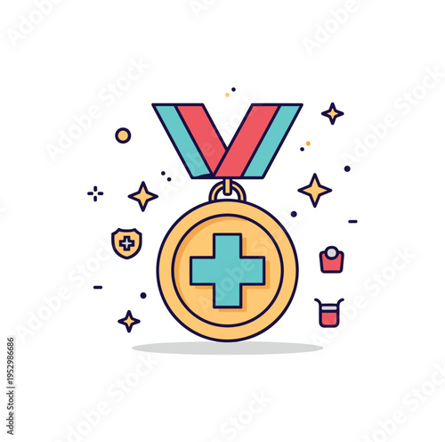 Healthcare recognition award featuring a medal with a medical cross symbolizing dedication, compassion, and service excellence. Gentle star details highlight