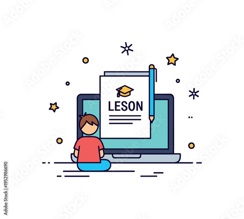 Online homework help concept featuring a laptop screen displaying a simple lesson icon with a child figure seated in front of it. A modern representation of