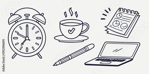 Daily routine including alarm clock, coffee cup, calendar, laptop, and pen