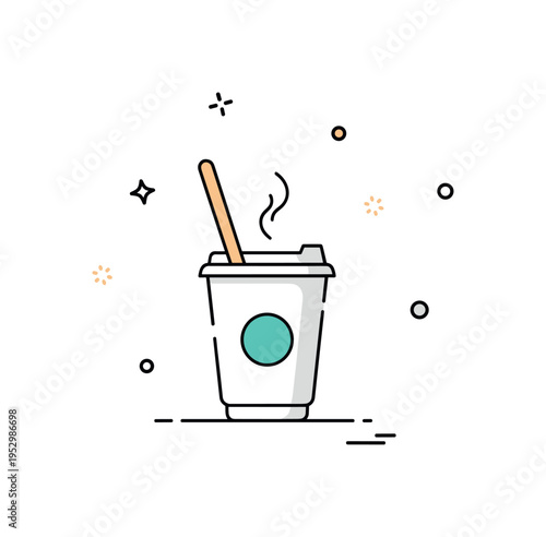 Minimalist coffee stirrers takeaway cup with a slim wooden stirrer and a tiny steam swirl above, symbolizing everyday routines and quick cafe