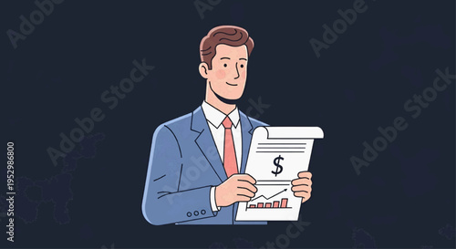 Professional businessman diligently analyzing financial report with dollar sign and growth graph, symbolizing successful investment strategy and profit increase