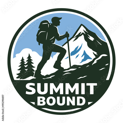 Logo design featuring a hiker climbing a mountain with trekking poles and backpack set against scenic alpine peaks and pine trees