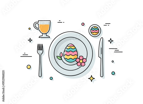 Easter brunch table setting centered on a plate with a pastel egg and small spring flower accent, expressing renewal, hospitality, and seasonal gathering. A