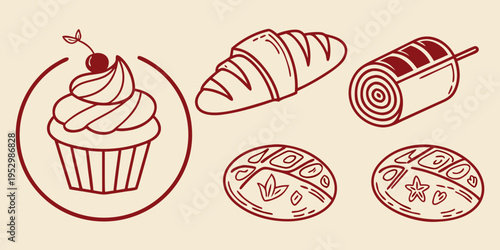 Red line of baked goods and desserts line cupcake bread