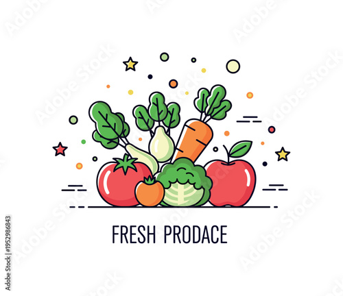 Fresh produce arrangement centered on a vibrant cluster of vegetables and fruits including tomato, carrot, apple, and leafy greens, expressing abundance and