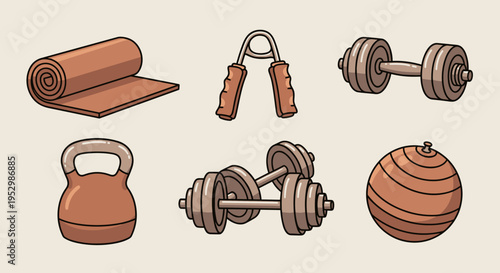 A collection of fitness equipment including a yoga mat, dumbbells, kettlebell, and resistance bands in a flat, modern style