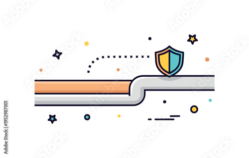 Countertop edge safety concept featuring a softly rounded corner profile with a small shield icon accent, expressing child friendly and safe kitchen design.