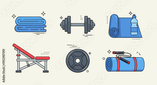 A collection of fitness and gym equipment icons including weights, a bench, and a water bottle in flat style