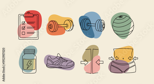 A colorful collection of fitness and wellness icons featuring weights, a checklist, and supplements in a modern flat style