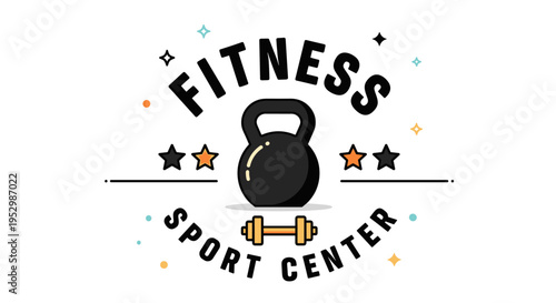 A vibrant logo design featuring a kettlebell and dumbbells, in a modern flat style for fitness branding