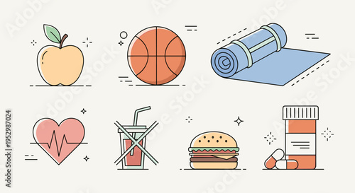 A collection of health and fitness icons including an apple, basketball, yoga mat, and more in a minimalist style