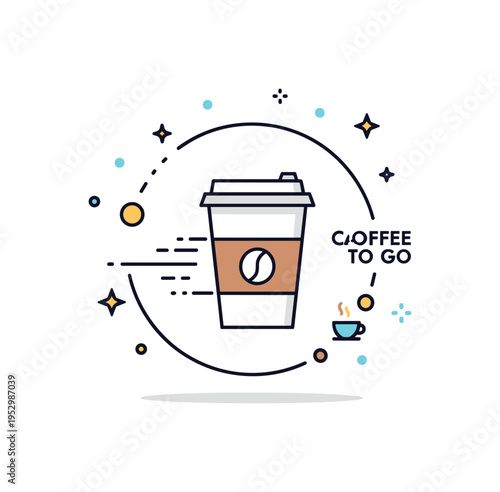 Coffee to go lifestyle illustrated by a takeaway cup inside a simple circular badge with small motion lines suggesting movement. The scene conveys fast paced