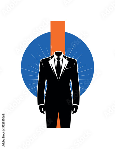 Monochrome structured suit silhouette centered boldly, dramatic contrast and vintage feel, large abstract circle behind in cobalt blue symbolizing authority,