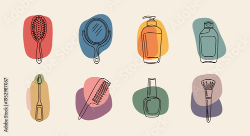 A collection of hair and beauty tools illustrated in a minimalist style with colorful backgrounds, perfect for wellness themes