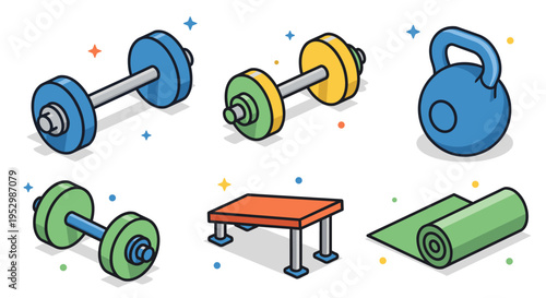 A colorful collection of fitness equipment including dumbbells, kettlebell, bench, and yoga mat in a modern flat style
