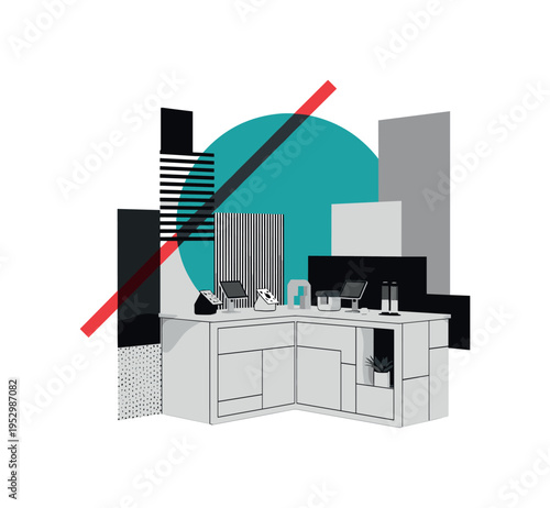 Black and white minimal counter corner with small display of items, bold teal circle unifying the arrangement from behind, red diagonal stripe energizing
