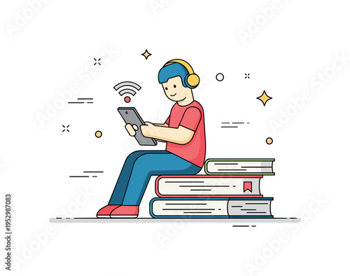 Digital bookworm reading from a tablet while sitting on a neat stack of books symbolizing modern learning and e reading culture. Subtle WiFi and sparkle