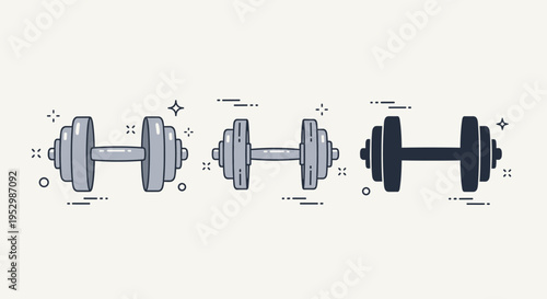 A set of three stylized dumbbells in a minimalist design, perfect for fitness and health themes