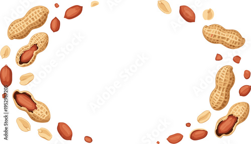 Peanut Frame Border with Whole Nuts, Cracked Shells and Kernels Arranged in Circular Composition Isolated on White Background for Food Design and Snack Packaging