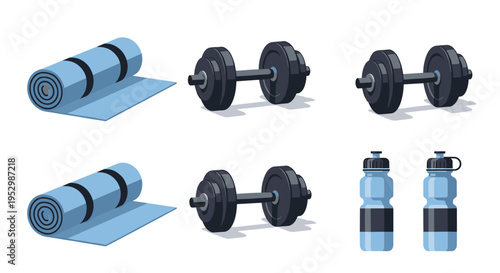 A collection of fitness equipment including a yoga mat, dumbbells, and water bottles in a modern flat style