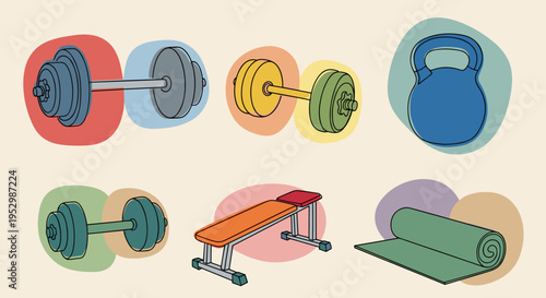 A colorful set of fitness equipment illustrations including dumbbells, a kettlebell, a bench, and a yoga mat in a modern style