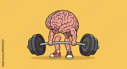 A cartoon brain lifting a barbell, showcasing strength and fitness in a playful, colorful style