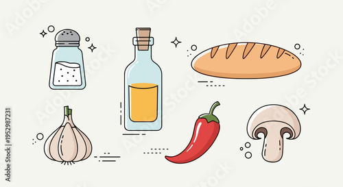 A colorful collection of kitchen ingredients including garlic, salt, chili, mushrooms, and a bottle, in a flat style