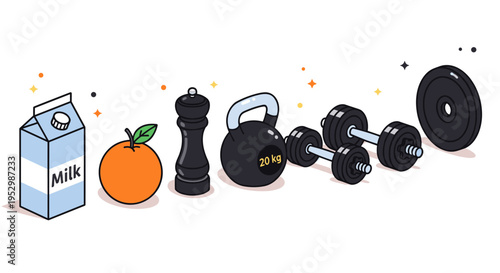 A colorful illustration featuring healthy food and fitness elements in a modern flat style, ideal for health themes