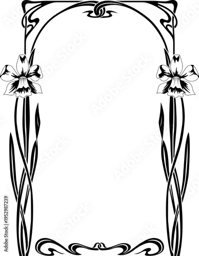 Black framework and narcissus flowers, vignette and text divider. Art nouveau modern style of 1920-s.