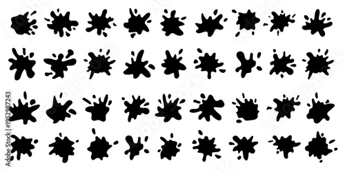 Black ink splatter collection with grunge blots and drops. Abstract paint splash elements for urban design, textures and artistic backgrounds