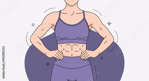 A confident woman showcasing her toned midriff in a stylish purple workout outfit, illustrated in a modern, minimalist style