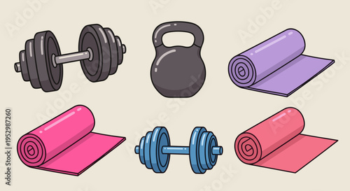 A collection of fitness equipment including dumbbells, kettlebell, and yoga mats in a colorful, flat style