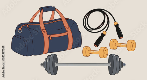 A fitness bag with weights and accessories, illustrated in a modern, flat style for health and wellness contexts