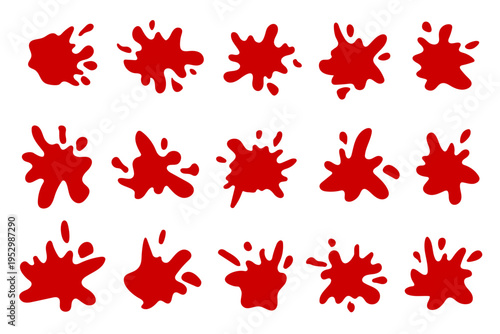 Cartoon style red splat shapes with playful liquid drops. Bright paint or juice splashes for kids design, comic effects and fun illustrations