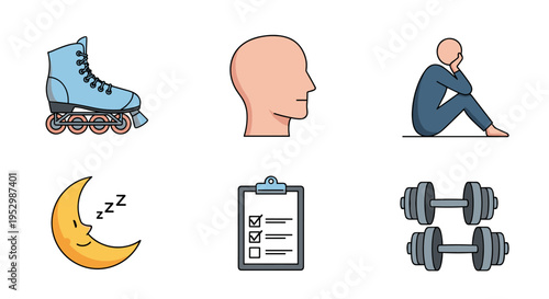 A flat design collection of wellness-related icons including roller skates, a moon, a checklist, and weights