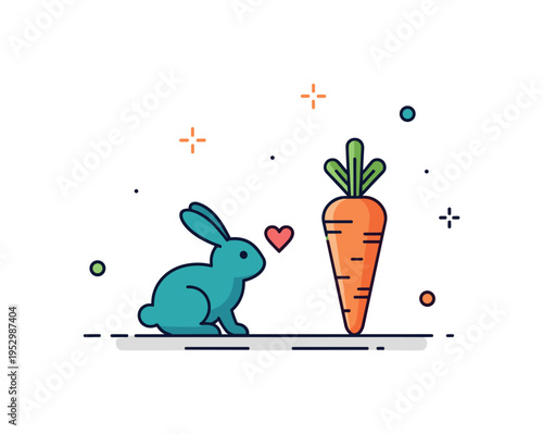 Carrot and bunny playful scene small rabbit silhouette facing a carrot with subtle heart accent, representing natural pairing and cheerful farm imagery.