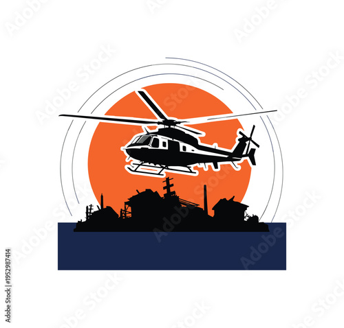Black and white rescue helicopter hovering above disaster zone silhouette, oversized bright orange circle behind helicopter blades, deep navy rectangular block