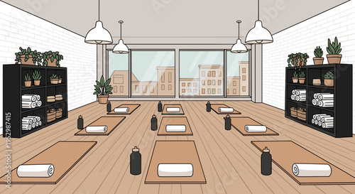 A serene yoga studio featuring mats, blocks, and plants, illustrated in a minimalist style, ideal for wellness themes