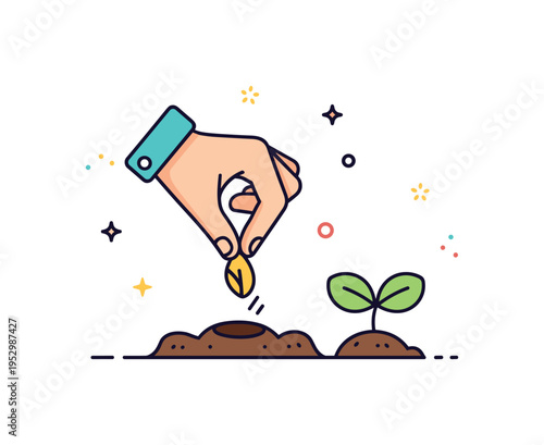 Planting seeds in garden bed showing a hand placing a single seed into a small hole with a tiny sprout icon nearby, expressing intention and future growth. The
