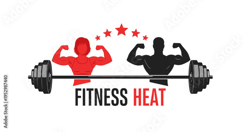 A dynamic fitness logo featuring a barbell and muscular figures in a modern style, perfect for gym branding