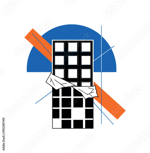 Black and white chocolate bar partially unwrapped revealing geometric pattern squares, bold blue semicircle framing upper portion, orange diagonal bar cutting