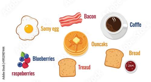 A colorful illustration of a delicious breakfast spread on a white background