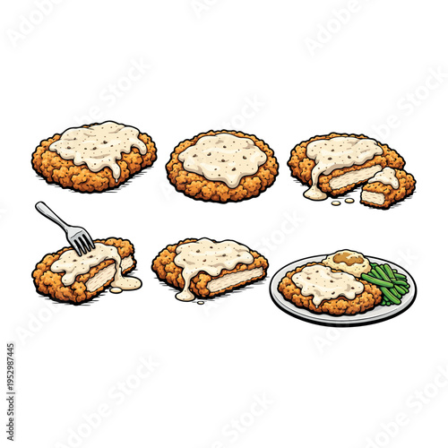 Fried Chicken Steak with White Sauce Cartoon Vector  Crispy Fried Chicken Cutlet with Creamy Sauce Vector Crispy Chicken Cutlet with Gravy Sauce 