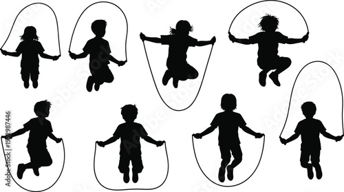 Children Jump Rope Action Silhouette Set with Dynamic Skipping Poses, Active Kids Play Illustrations for Fitness, Sports Training, Playground Activities, and Healthy Lifestyle Design