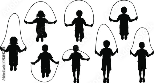 Children Jump Rope Silhouette Vector Set with Kids Playing Skipping Game, Active Childhood Illustrations for Fitness, Playground Activities, Sports, and Healthy Lifestyle Design