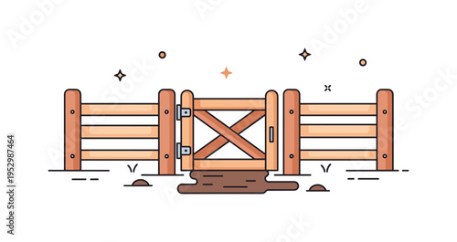 Countryside pig enclosure gate showing a compact fence section with a hinged wooden door and small mud patch below, expressing everyday farm environment. Clean