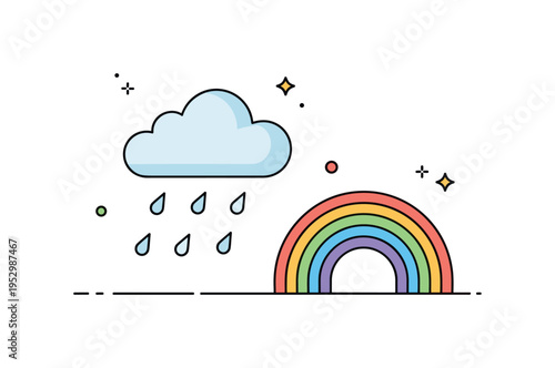 Rain and rainbow scene with a simple cloud and colorful arc symbolizing hope, renewal, and beauty after the storm. Tiny sparkle accents enhance the uplifting